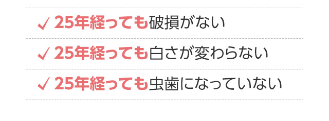 25年経っても破損がない。25年経っても白さが変わらない。25年経っても虫歯になっていない。